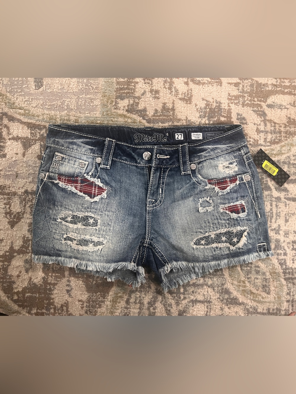 Miss Me Blue Distressed Denim Shorts with Red Plaid Accents